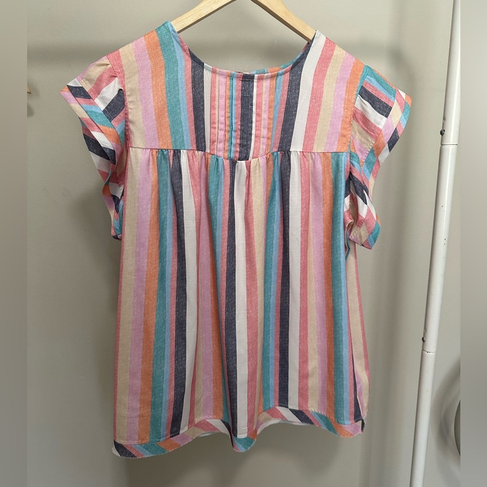 Striped Shortsleeve Blouse size large Multicolored Round Neck Cap Sleeve Blouse